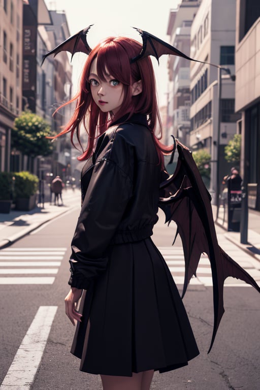 masterpiece, best quality, highres, 1girl, solo, koakuma, amber eyes, mature, mature girl, milf, medium breasts, long hair, crimson hair, big eyes, wings behind, wings on head, t-shirt, black jacket, short wide skirt, street, 