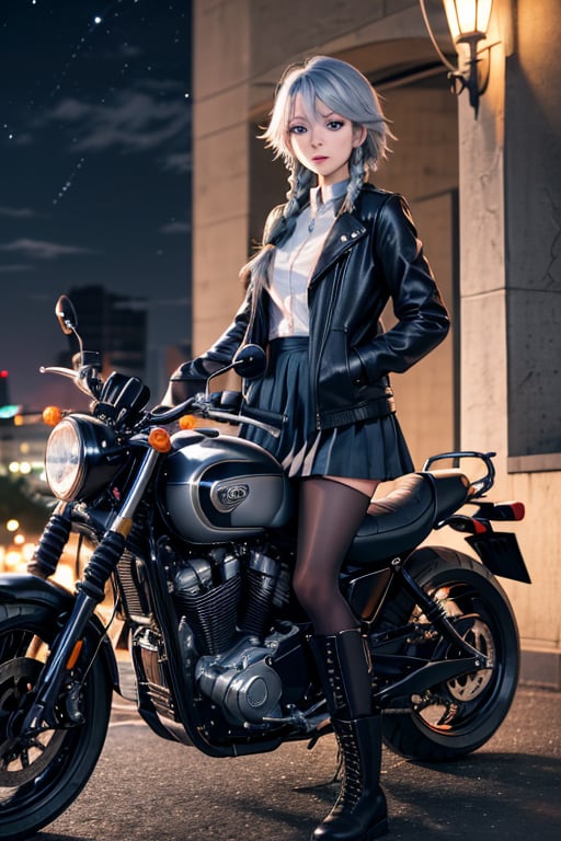 masterpiece, best quality, highres, 1girl, solo, izayoi Sakuya, cute, blue eyes, braid, grey hair, short hair, twin braids, medium breasts, shirt, black jacket, high boots, skirt, pantyhose, night, motorcycle