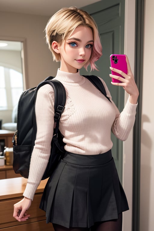 masterpiece, best quality, highres, blonde hair, cute, mature, small pink tips on hair, sidecut hair, side cut, wide hips, short hair, blue eyes, big eyes, big breasts, piercing, piercing eyebrows, small smile, cut hairs, pantyhose, skirt, black sweater, backpack, holding phone