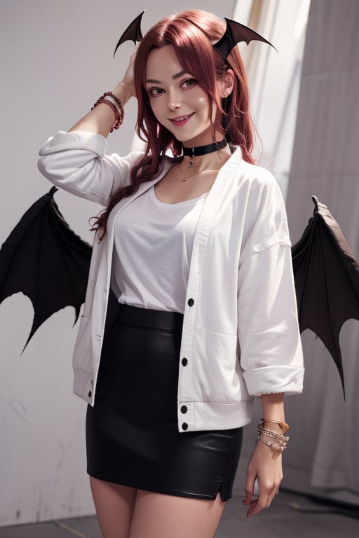 masterpiece, best quality, highres, 1girl, solo, koakuma, weak red eyes, mature, mature girl, milf, medium breasts, long hair, crimson hair, big eyes, wings behind, wings on head, cute, weak smile, jewelry, choker necklace, bracelet,  white t-shirt, black jacket, short wide skirt,  