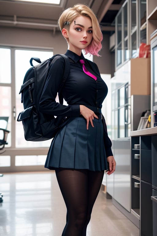 masterpiece, best quality, highres, blonde hair, cute, mature girl, small pink tips on hair, sidecut hair, side cut, wide hips, short hair, blue eyes, big eyes, big breasts, piercing, piercing eyebrows, small smile, cut hairs, pantyhose, navy skirt, shirt, black necktie, backpack, 