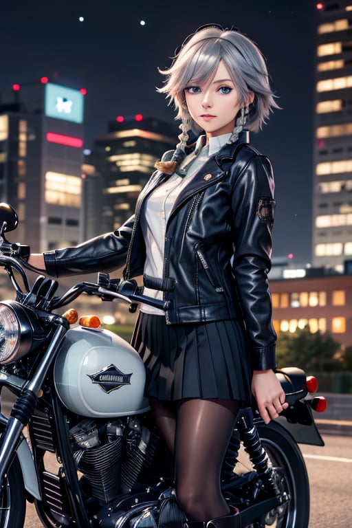 masterpiece, best quality, highres, 1girl, solo, izayoi Sakuya, cute, blue eyes, braid, grey hair, short hair, twin braids, medium breasts, shirt, black jacket, high boots, skirt, pantyhose, night, motorcycle