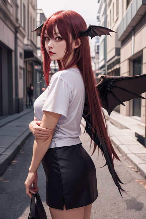 masterpiece, best quality, highres, 1girl, solo, koakuma, weak red eyes, mature, mature girl, milf, medium breasts, long hair, crimson hair, big eyes, wings behind, wings on head, white t-shirt, black jacket, short wide skirt, street, 