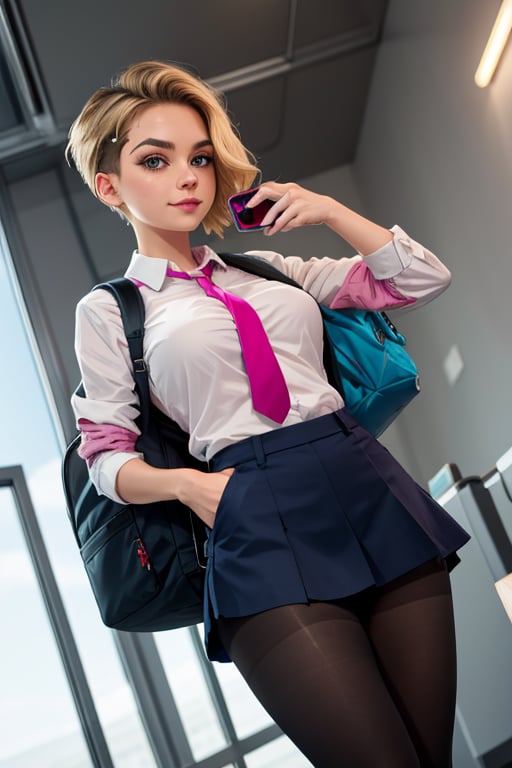 masterpiece, best quality, highres, blonde hair, cute, mature girl, small pink tips on hair, sidecut hair, side cut, wide hips, short hair, blue eyes, big eyes, big breasts, piercing, piercing eyebrows, small smile, cut hairs, pantyhose, navy skirt, navy shirt, necktie, backpack, holding phone, view from below