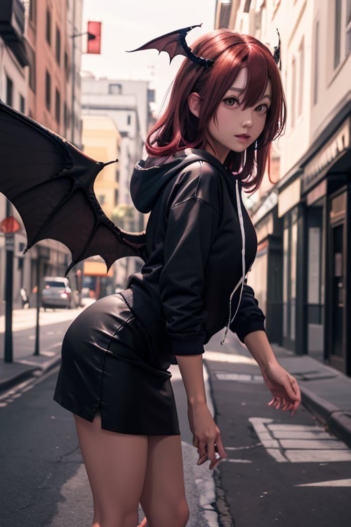 masterpiece, best quality, highres, 1girl, solo, koakuma, mature, mature girl, milf, medium breasts, long hair, crimson hair, red eyes, wings behind, wings on head, hoodie, short wide skirt, street