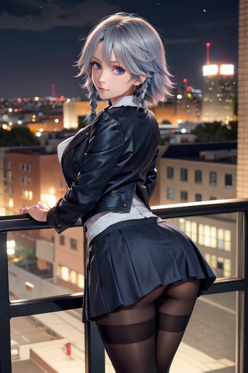 masterpiece, best quality, highres, 1girl, solo, izayoi Sakuya, cute, blue eyes, braid, grey hair, short hair, twin braids, medium breasts, shirt, black jacket, high boots, skirt, pantyhose, night, ass