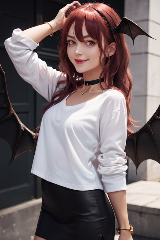 masterpiece, best quality, highres, 1girl, solo, koakuma, weak red eyes, mature, mature girl, milf, medium breasts, long hair, crimson hair, big eyes, wings behind, small wings on head, cute, weak smile, jewelry, choker necklace, bracelet,  white t-shirt, black jacket, short wide skirt,  