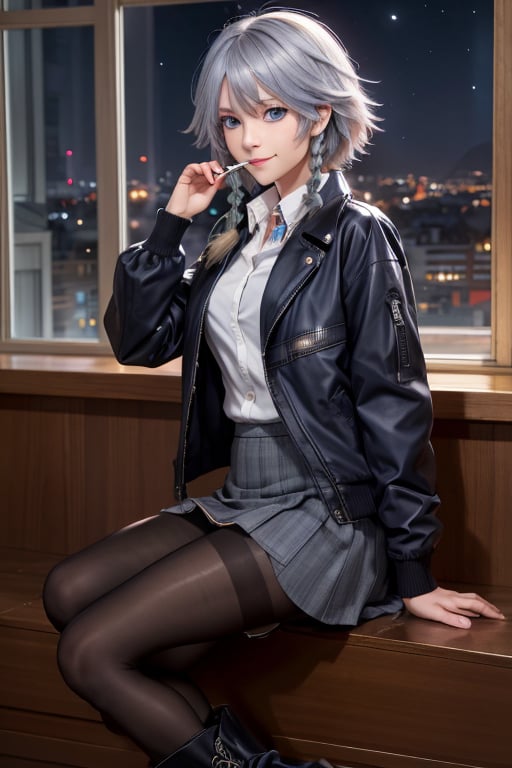 masterpiece, best quality, highres, 1girl, solo, izayoi Sakuya, cute, blue eyes, braid, grey hair, short hair, twin braids, medium breasts, small smile, shirt, black jacket, high boots, skirt, pantyhose, night, smoking