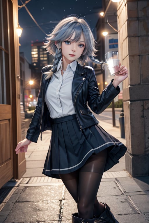 masterpiece, best quality, highres, 1girl, solo, izayoi Sakuya, blue eyes, braid, grey hair, short hair, twin braids, medium breasts, shirt, black jacket, high boots, skirt, pantyhose, night