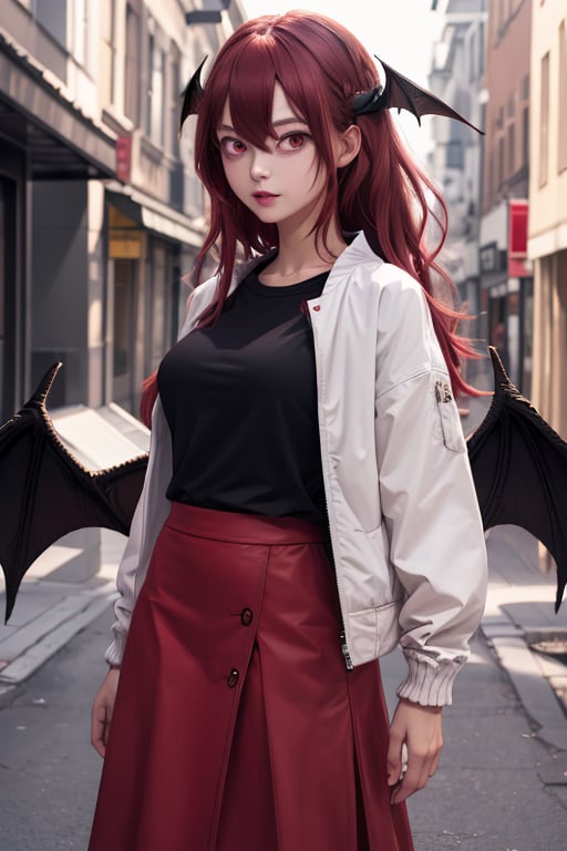 masterpiece, best quality, highres, 1girl, solo, koakuma, red eyes, mature, mature girl, milf, medium breasts, long hair, crimson hair,big eyes, crimson eyes, wings behind, wings on head, t-shirt, jacket, short wide skirt, street, 