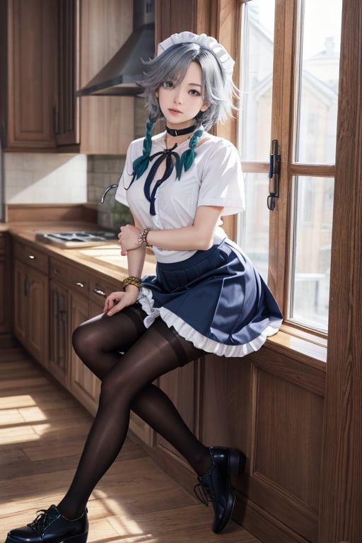 masterpiece, best quality, highres, 1girl, solo, izayoi Sakuya, cute, blue eyes, braid, grey hair, short hair, twin braids, medium breasts, jawerly, choker necklace, bracelet, shirt,  high shoes, skirt, pantyhose, maid uniform, seductive pose,