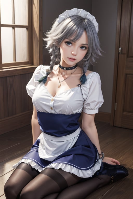 masterpiece, best quality, highres, 1girl, solo, izayoi Sakuya, cute, blue eyes, braid, grey hair, short hair, twin braids, medium breasts, jawerly, choker necklace, bracelet, maid dress, high shoes, skirt, pantyhose, maid uniform, seductive pose,