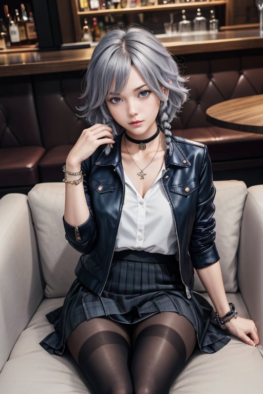 masterpiece, best quality, highres, 1girl, solo, izayoi Sakuya, cute, blue eyes, braid, grey hair, short hair, twin braids, medium breasts, jawerly, choker necklace, bracelet, shirt, black jacket, high boots, skirt, pantyhose, sit, sofa, seductive pose, bar