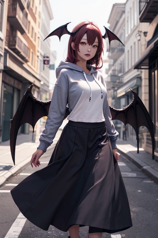 masterpiece, best quality, highres, 1girl, solo, koakuma, mature, mature girl, milf, medium breasts, crimson hair, long hair, red eyes, wings behind, wings on head, hoodie, wide skirt, street