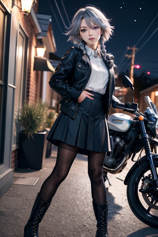 masterpiece, best quality, highres, 1girl, solo, izayoi Sakuya, cute, blue eyes, braid, grey hair, short hair, twin braids, medium breasts, shirt, black jacket, high boots, skirt, pantyhose, night, motorcycle