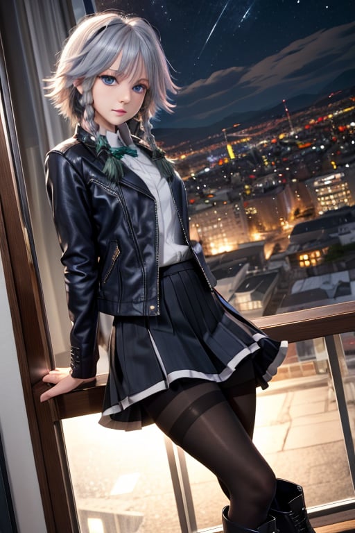 masterpiece, best quality, highres, 1girl, solo, izayoi Sakuya, blue eyes, braid, grey hair, short hair, twin braids, medium breasts, shirt, black jacket, high boots, skirt, pantyhose, night