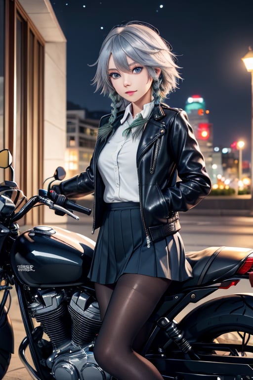 masterpiece, best quality, highres, 1girl, solo, izayoi Sakuya, cute, blue eyes, braid, grey hair, short hair, twin braids, medium breasts, shirt, black jacket, high boots, skirt, pantyhose, night, motorcycle