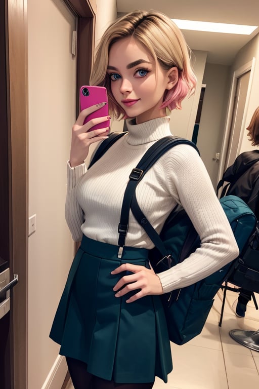 masterpiece, best quality, highres, blonde hair, cute, mature, small pink tips on hair, sidecut hair, side cut, wide hips, short hair, blue eyes, big eyes, big breasts, piercing, piercing eyebrows, small smile, cut hairs, pantyhose, dark blue skirt, black sweater, backpack, holding phone