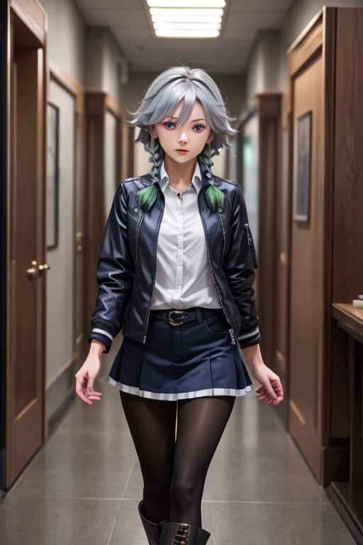 masterpiece, best quality, highres, 1girl, solo, izayoi Sakuya, blue eyes, braid, grey hair, short hair, twin braids, medium breasts, shirt, black jacket, high boots, pantyhose