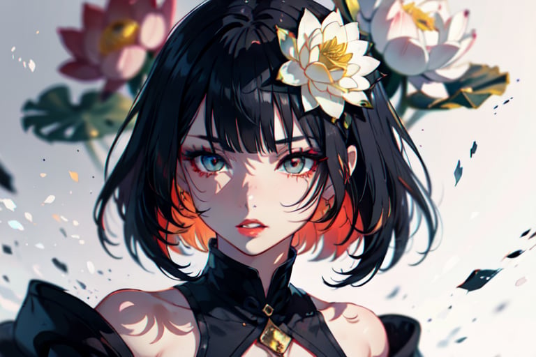 1 teen girl,solo,long shot,looking right, white background,(energy flowing:1.),(glowing lotus flower),bob cut, long hair, multicolored hair, makeup , parted lips, red lips, eyeliner, ,walkure /(takt op./),perfecteyes