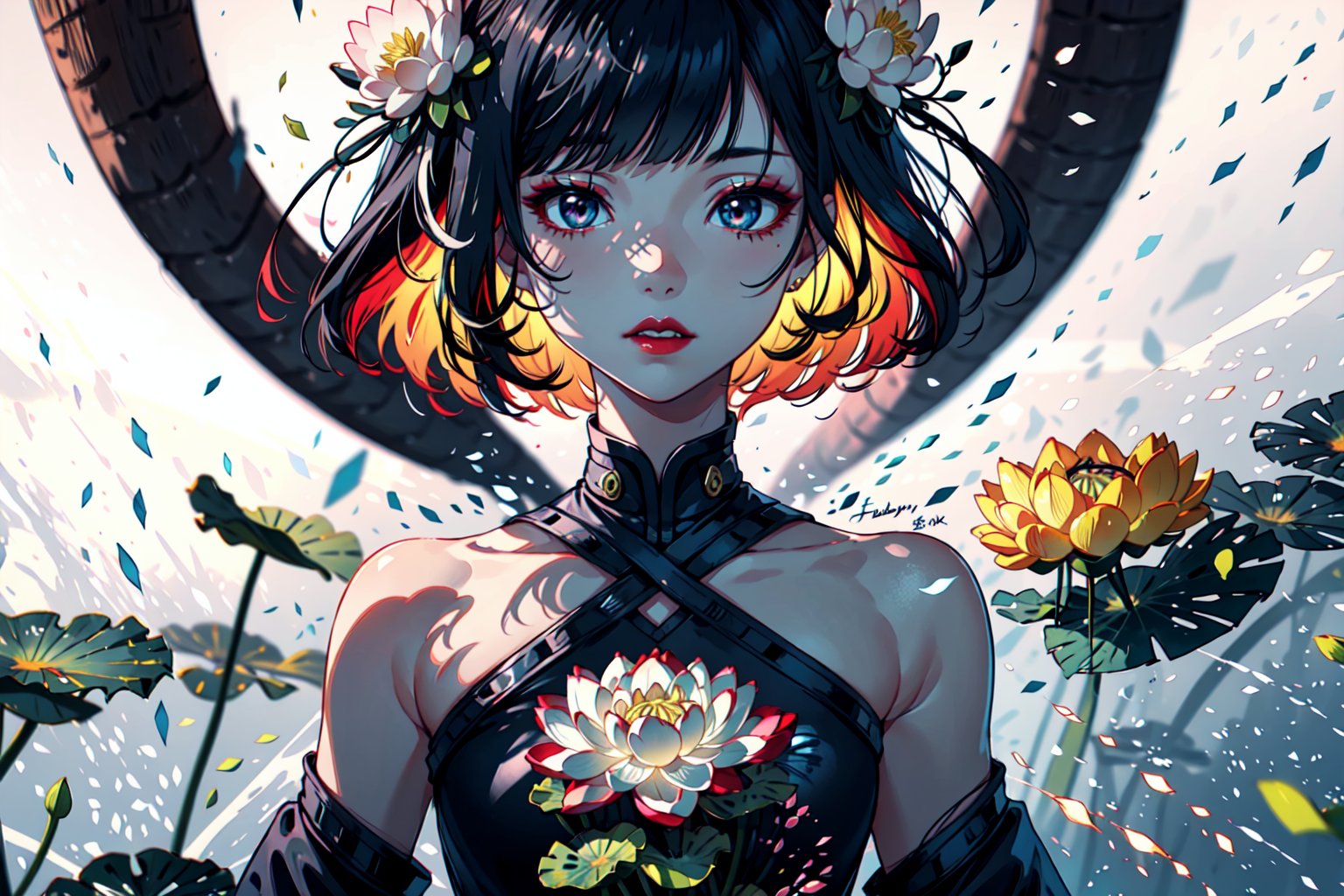 1 teen girl,solo,long shot, facing left, white background,(energy flowing:1.),(glowing lotus flower),bob cut, long hair, multicolored hair, makeup , parted lips, red lips, eyeliner, ,walkure /(takt op./),perfecteyes