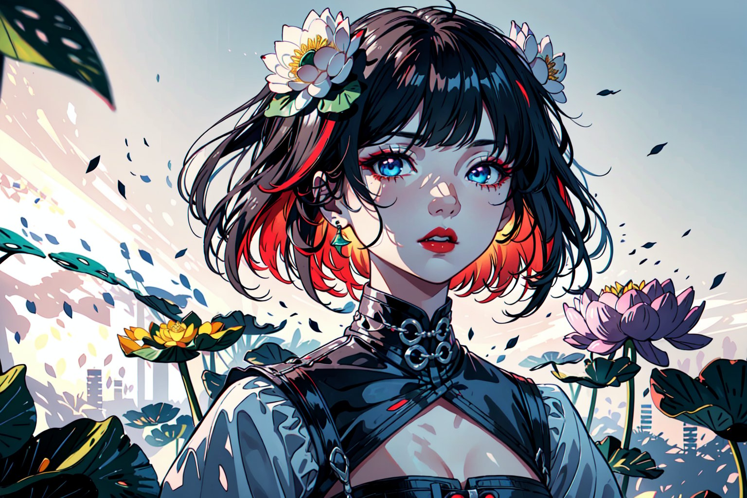 1 teen girl,solo,long shot, facing left, white background,(energy flowing:1.),(glowing lotus flower),bob cut, long hair, multicolored hair, makeup , parted lips, red lips, eyeliner, ,walkure /(takt op./),perfecteyes