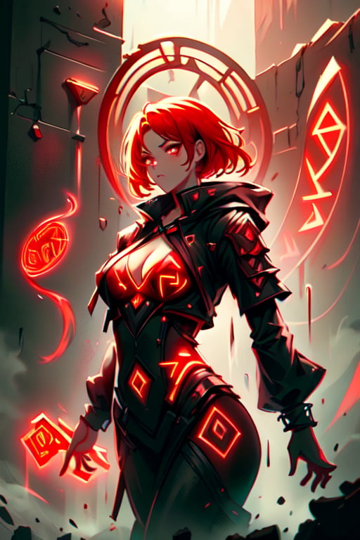 (High Quality, Highly Detailed, High resolution), female Sorcerer, casting spell, gorgeous Woman, Urban Techwear, Demonictech, GlowingRunes_Red, RUNE_MAGIC, magic, aura, glowing, red (neon red theme:1.2), absolute_cleavage