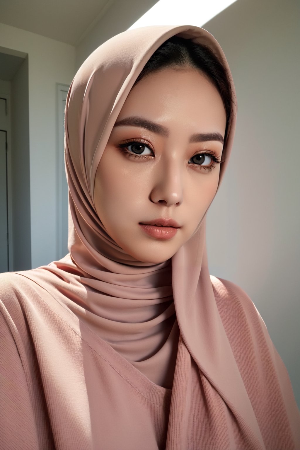 cinematic film still, portrait photo of a young beautiful woman, a shadow is projected across her face and body, dark room, light filtering through is projected on her, wearing a large sweater, hijabindox,