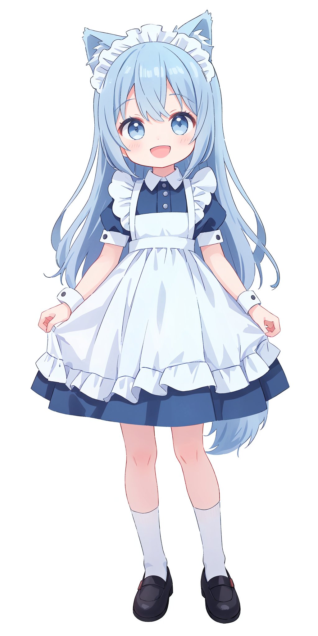 1 girl, wolf_ears, red_ears, wolf_tail, red_tail, anime_screencap, ((white_background)), ((no_background)), (((full body))), anime_character, only_character, moe, ((loli)), (child), ((standing)), long_hair, light_blue_hair, ((light_blue_maid_dress)), ruffled_dress, smile, open_mouth, game_cg, masterpiece, best_quality