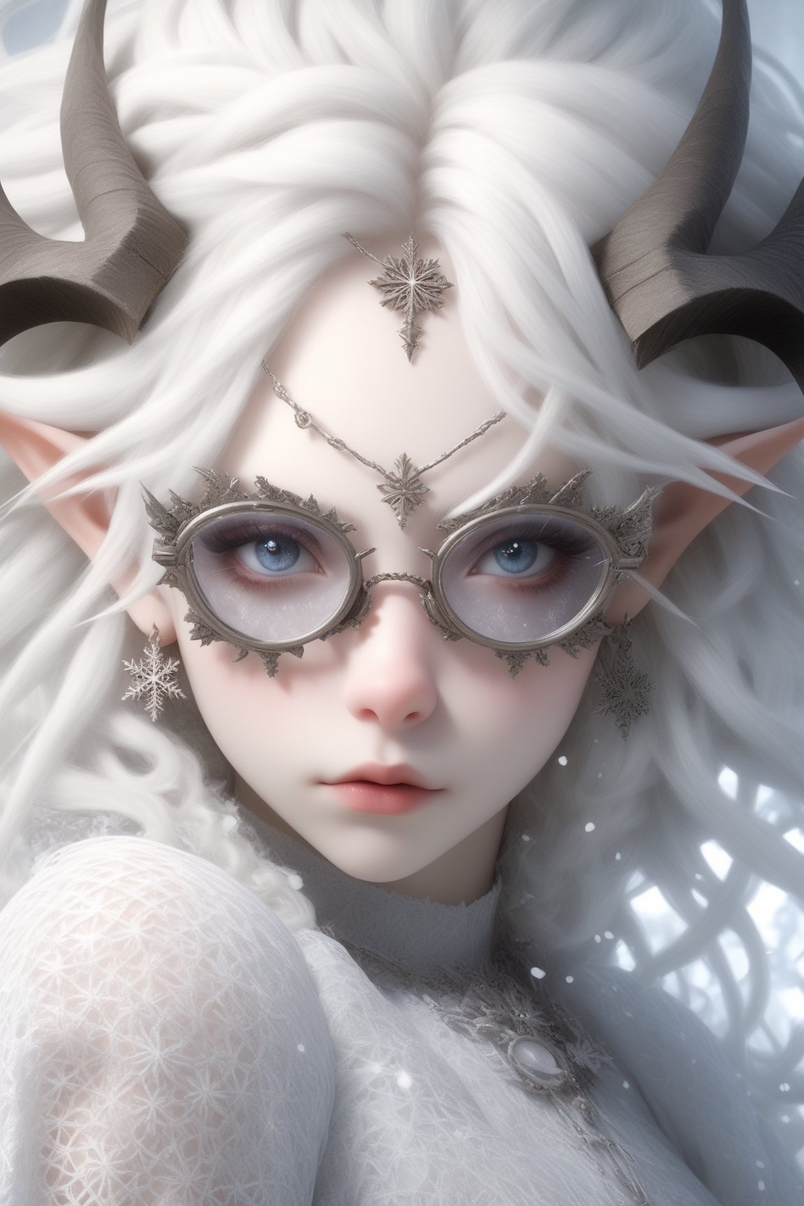 1 girl, (masterful), albino demon girl with lethargic sleepy smokey eyes,(white dreadlocks hair),((slit pupil eyes)),mesh fishnet blouse, (long intricate horns:1.2) ,wearing snowflake glasses,
best quality, highest quality, extremely detailed CG unity 8k wallpaper, detailed and intricate, 
,steampunk style,Glass Elements,snowflake glasses