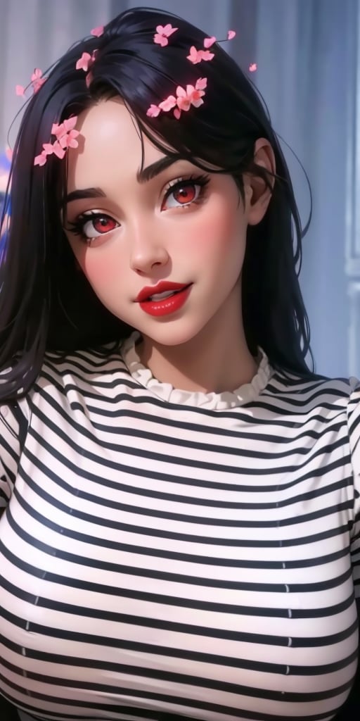 (masterpiece,  best quality, 8k raw photo), detailed background, hyper-detailed,  Detail eyes,  detail hand,  detail fingers, detail face, thick lips, red lips ,red eyes , , smile, detail hair, beauty, real life,  realistic, big_boobies, big_breast, big ass, big legs,big breasts.