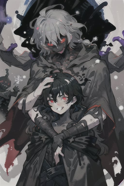 watercolor,chaosmix,2-boys,battle,white snow skin and gray hair and a black cloak,time magic,void magic,black hair eldritch being body made out of black material,evil smile