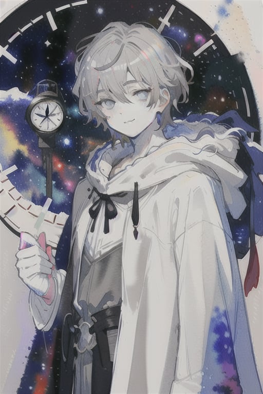 watercolor,1_boy,soft smile,a clock in his hand,the galaxy behind him,white as snow skin,gray hair,void eyes in his cloak,chaosmix