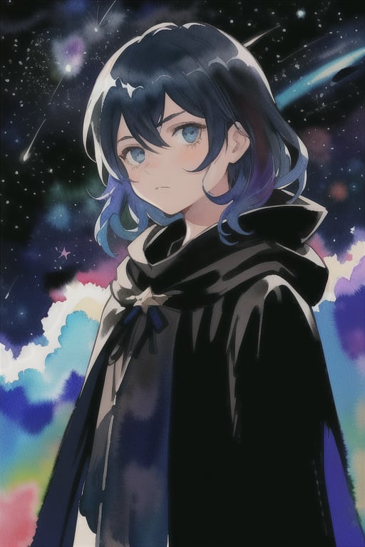 watercolor,boy,war in his eyes,stars in his black cloak,the universe as the background,his hair alluring,the galaxy inside his skin,shooting stars in his hair