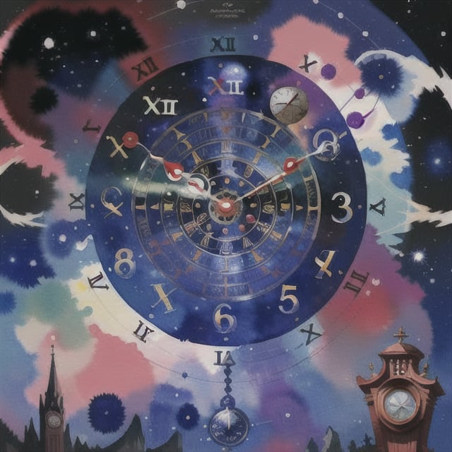 watercolor,chaosmix,time magic, magical clock, clock magic circle,universe theme clock