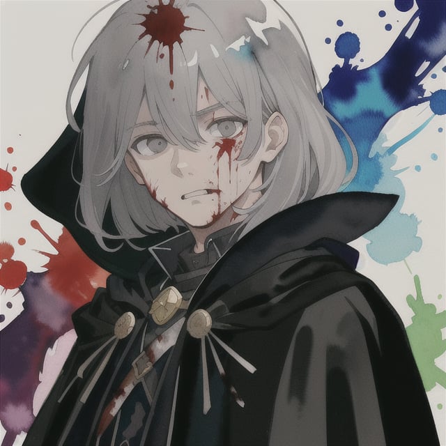 watercolor,boy,gray hair,black cloak,blood spilled all over him and his face,time magic,killer,chaotic