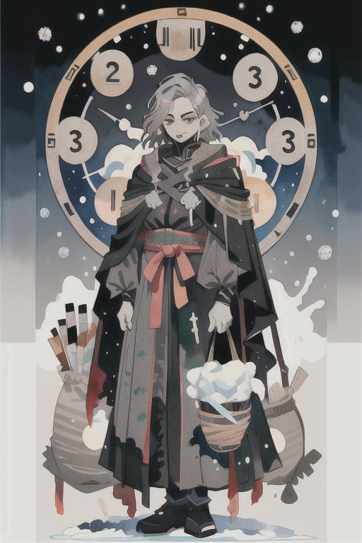 watercolor,boy,gray hair,pitch black eyes,wearing a pitch black cloak, clock shaped magic circles,explosion,white as snow skin,martial world,holding two bags full of money,robbing a bank