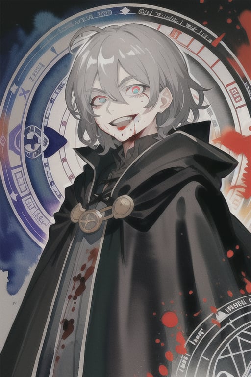 watercolor,boy,gray hair,black cloak,blood spilled all over him and his face,time magic,killer,chaotic,kind looking,villian,medium hair,smile,insane,poetic,laugh,evil laugh,evil smile,excited eyes,enjoying,wide eyes.insane eyes,calm,time magic circle