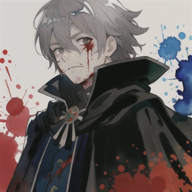 watercolor,boy,gray hair,black cloak,blood spilled all over him and his face,time magic,killer,chaotic,kind looking