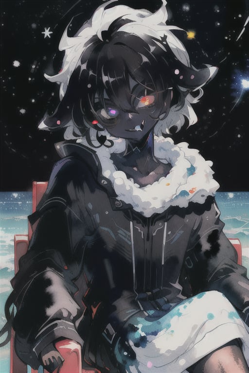 watercolor,chaosmix,boy,void magic,void eyes in the back ground,evil smile,insane eyes,black bloak with eyes on it,sitting on a mythical chair,black medium hair,white as snow skin,ocean in his eyes,stars on his hair,