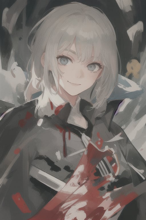 watercolor,boy,male,gray hair,wearing a pitch black cloak,clock,time magic,magic circles,white as snow skin,martial world,evil smile,blood all over his face,chaotic,killer