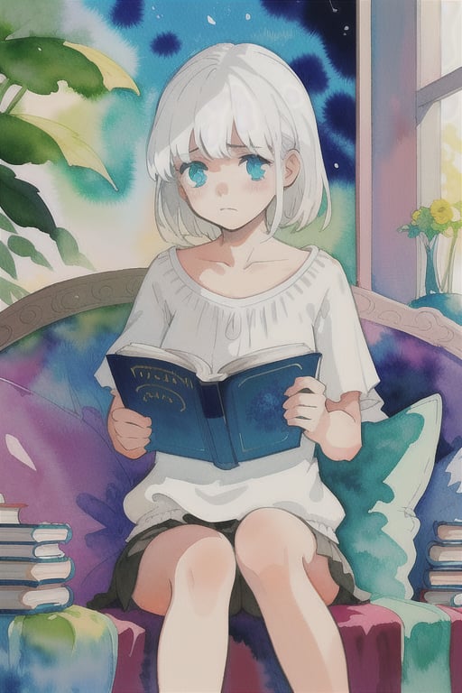 watercolor,girl,beutifull,white hair,,magician,kind,curios experresion,the end of the world,sitting,reading a book,mysterius and sad theme,inviting,immortal