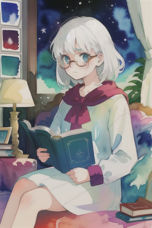 watercolor,girl,beutifull,white hair,,magician,kind,curios experresion,the end of the world,sitting,reading a book,glasses,mysterius and sad theme,inviting