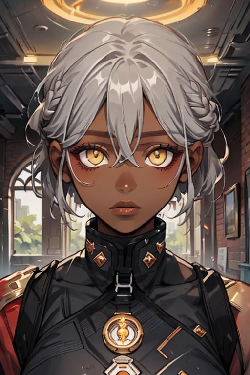 1girl, solo, breasts, looking at viewer, short hair, bangs, hair between eyes, closed mouth, ((yellow eyes)), upper body, braid, grey hair, indoors, dark skin, dark-skinned female, window, halo,dis