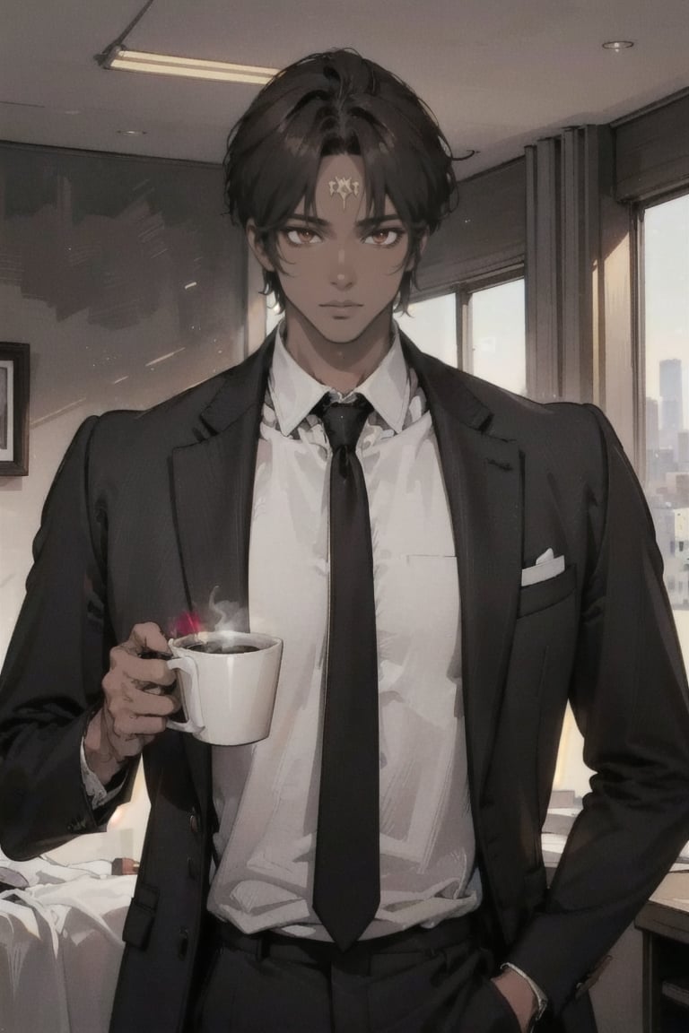 a handsome and strong secret agent, black suit, white shirt, adjusting his tie with one hand, holding his coffee with another hand, short brown hair, intense golden eyes, beautiful yellow eyes, dark skin, brown skin, interior, office center, secret agent with a coffee, 1boy, gabriell 