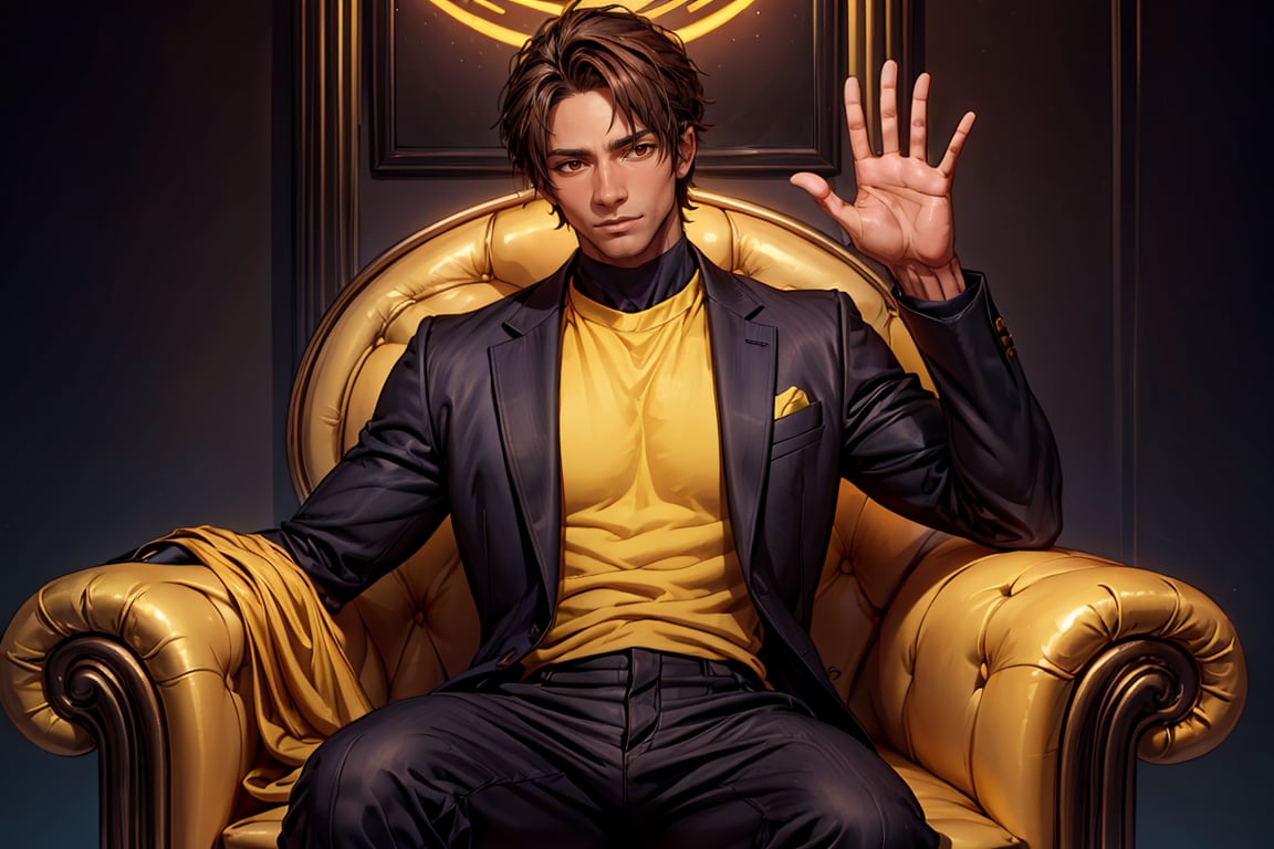 a beautiful man with brown skin, ((yellow glowing eyes)), waving at the camera with a soft smile, secret agent black sit, suit, short brown hair, golden eyes, brown skin, waving 1boy, ((gabriell)), incredibly absurd, best quality, masterpiece, high detail eyes