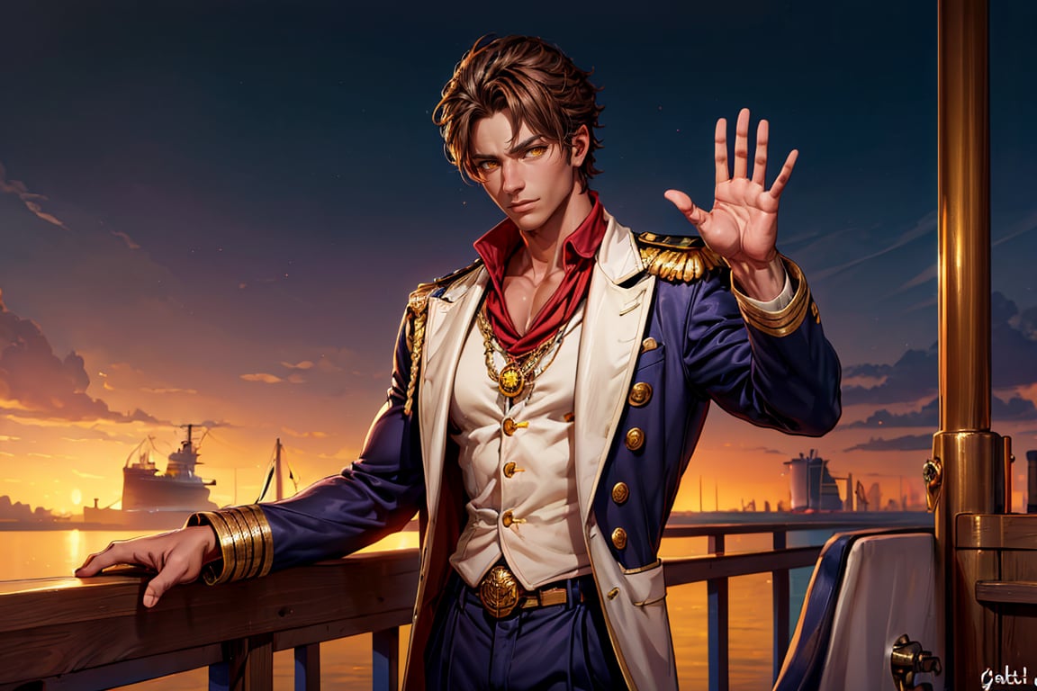 a beautiful man with brown skin, yellow-eyes, ((yellow glowing eyes)), captain of a merchant ship, holding a rudder of a cruise ship, on the bridge of a ship, captain, suit, short brown hair, golden eyes, brown skin, waving 1boy, ((gabriell)), incredibly absurd, best quality, masterpiece, high detail eyes