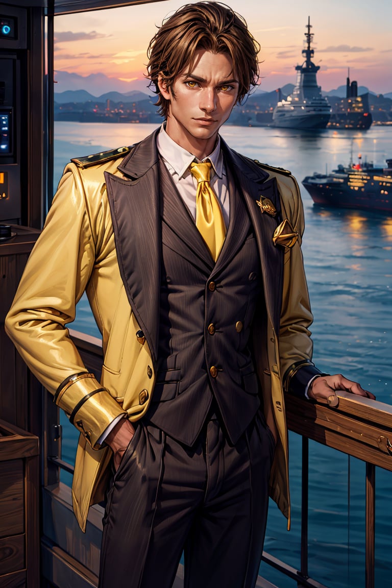 a beautiful man with brown skin, yellow-eyes, ((yellow glowing eyes)), captain of a modern merchant ship, holding a rudder of a cruise ship, on the bridge of a ship, captain, suit, short brown hair, golden eyes, brown skin, 1boy, ((gabriell)), incredibly absurd, best quality, masterpiece, high detail eyes