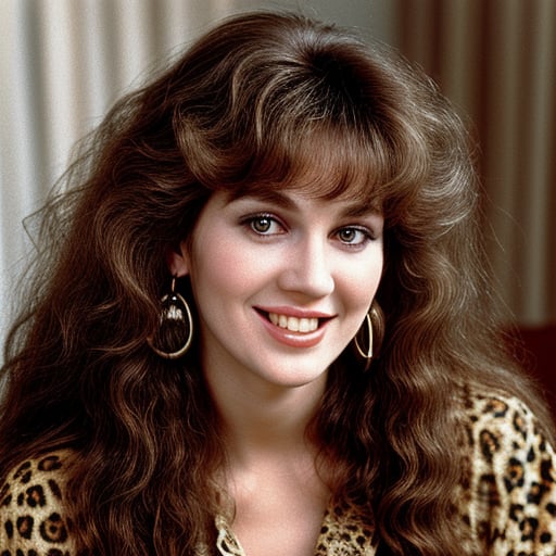 a woman with long curly hair and leopard print earrings, only a few bangs of hair, 1 9 8 0 s woman, television show, brunette woman, young southern woman, an ai generated image, photo of wolf, full bodye centered, smokey eyes, smiling, robed, ( ( photograph ) ), old picture, lady davis, with another woman in front view, frinking a coffie ona table