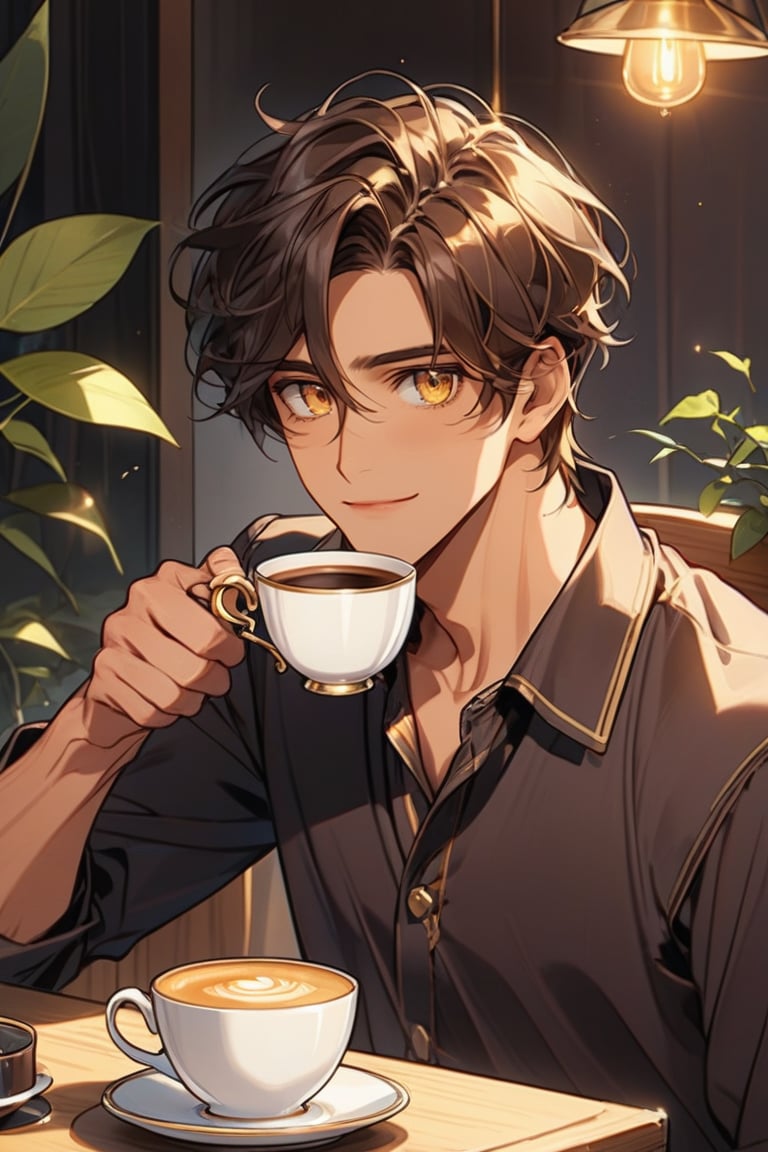 a 30-year-old man, brown skin, golden yellow eyes, short brown hair, perfect eyes, detailed eyes, a cup of coffee in his hands, sitting having breakfast, gabriell,disney pixar style